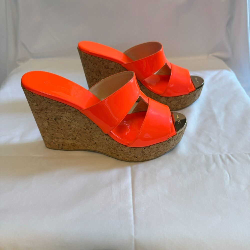 Jimmy Choo Wedged Cork Heel in Orange Patent Leather Size 8.5